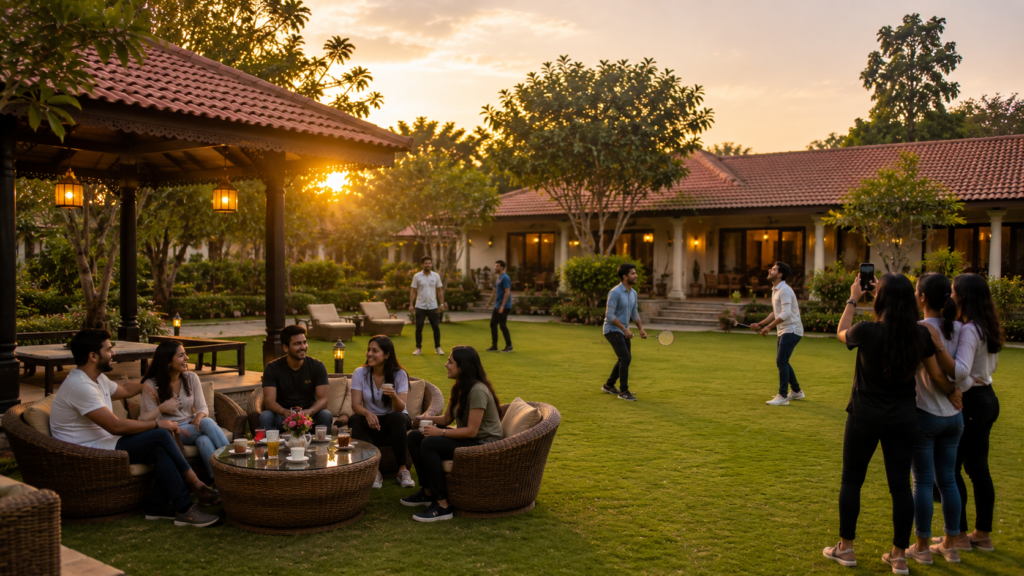 Create a realistic wide 16:9 blog featured image for the topic "Resort for Friends Outing". Scene: A beautiful Indian countryside resort with a spacious green lawn, wooden gazebos, outdoor seating, stone pathways, and lush trees. A group of 6–8 young adult friends are enjoying a relaxing outing together—some are chatting over tea, others are playing a casual outdoor game like badminton or frisbee on the lawn, while a few are taking photos together. In the background, a simple low-rise resort building with traditional Indian architecture and warm evening lights creates a welcoming atmosphere. The image should communicate friendship, fun, relaxation, togetherness, and a memorable weekend outing. The focus should be on spending quality time in a peaceful resort, not on luxury. Style: Realistic hospitality photography, DSLR-quality, natural golden-hour lighting, authentic Indian resort, vibrant greenery, clean landscaping, warm earthy colors, premium travel website banner. Composition: Wide 16:9 landscape banner, eye-level perspective. Friends enjoying different activities occupy the foreground and middle ground, with the resort building and gardens in the background. Leave clean negative space on one side for website text overlay. Mood: Joyful, relaxing, welcoming, peaceful, social, and refreshing. Important: - No text, logos, watermarks, or signboards. - No banquet hall, wedding decorations, swimming pool, DJ stage, or alcohol. - Use realistic Indian resort architecture with tiled roofs, gardens, lawns, and outdoor seating. - Avoid ultra-luxury hotels, palaces, beaches, mountains, or foreign-style resorts. - Use natural expressions and realistic human proportions. - Avoid AI-looking faces, distorted people, excessive glow, cinematic effects, or unrealistic decorations. Resort for Friends Outing